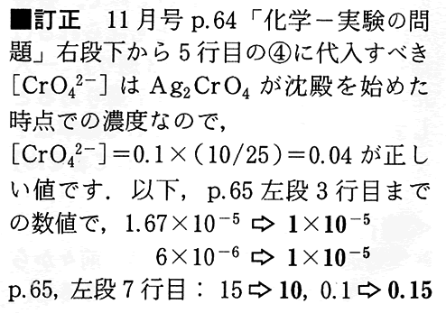 p.64の丸数字の4番の式は,その前の行の式のクロム酸イオンの濃度に数値を代入して変形したものですが,代入する値が違っています．代入すべき正しい値は,0.1×(10/25)＝0.04でした．その後の計算値も当然違ってきます.