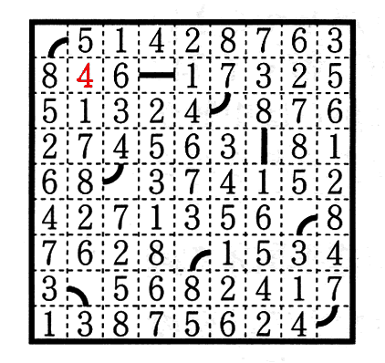 上から2行目で左から2つ目のマスに入っている数字「1」を「4」に直す．