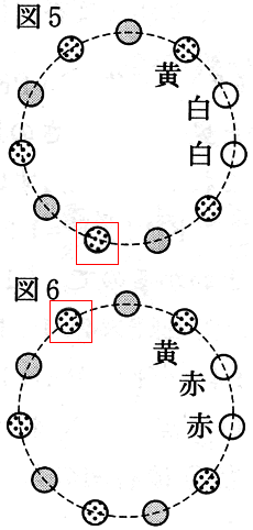 図5の最下部で，左の白丸に，図6の左上の辺りの白丸に，それぞれ打点をつける．